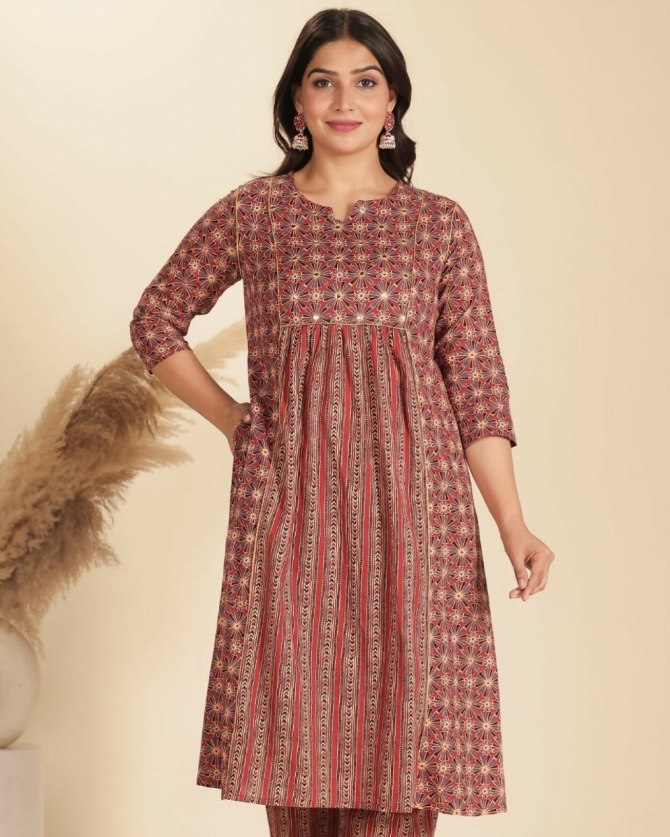 Aramya Red Soft Cotton Geometric Panelled Kurta for Women | Grocsy