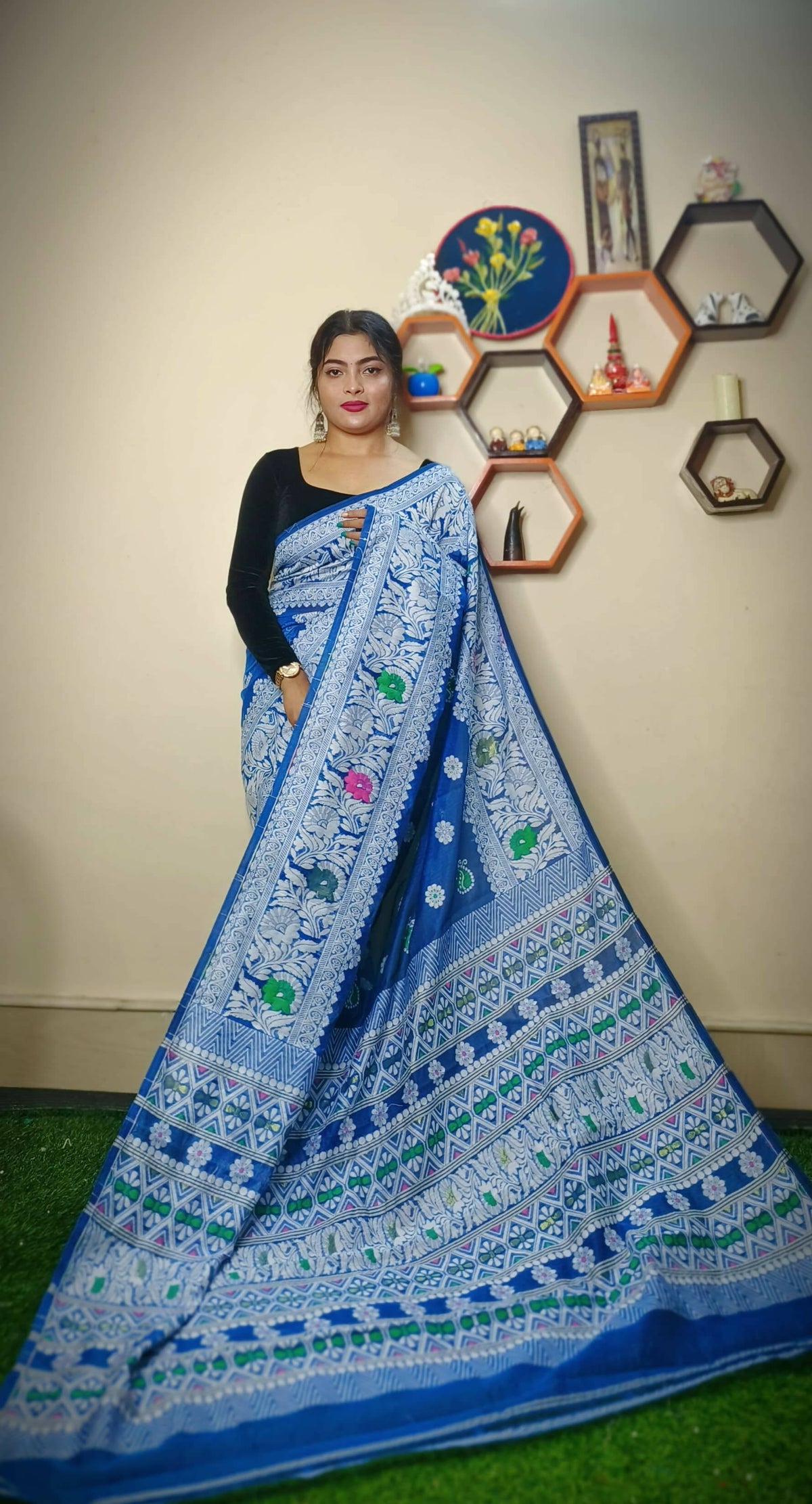 Exclusive Collection Handloom Dhakai Jamdani Saree - Steel Blue | Grocsy