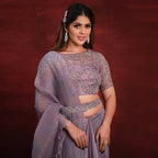 Purple Crepe Satin Silk Sequence Thread & Stone Work/ Texture Pallu Saree - Mohmanthan Kimiya | Grocsy