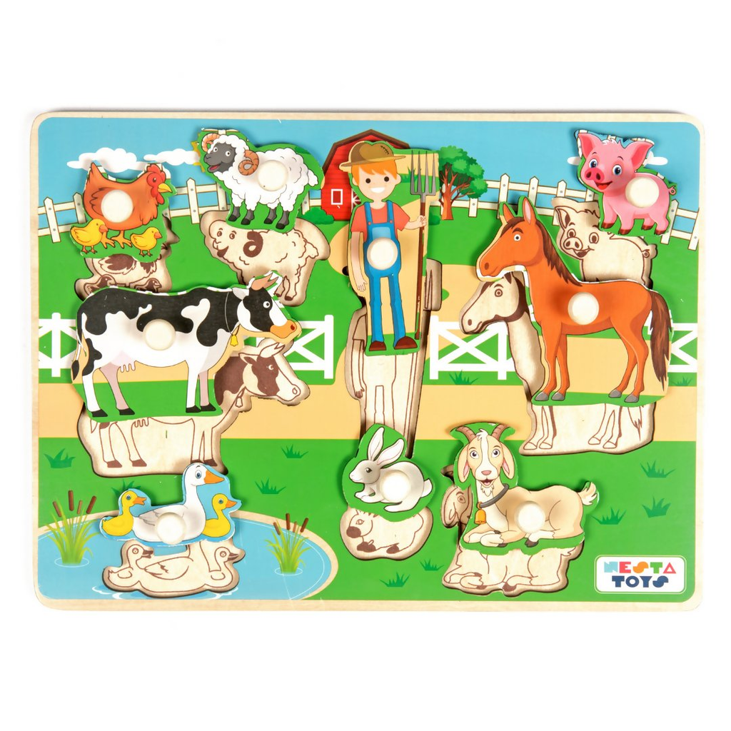 Nesta Toys Wooden Farm Animal Knob Puzzle (8 Pcs) | Grocsy