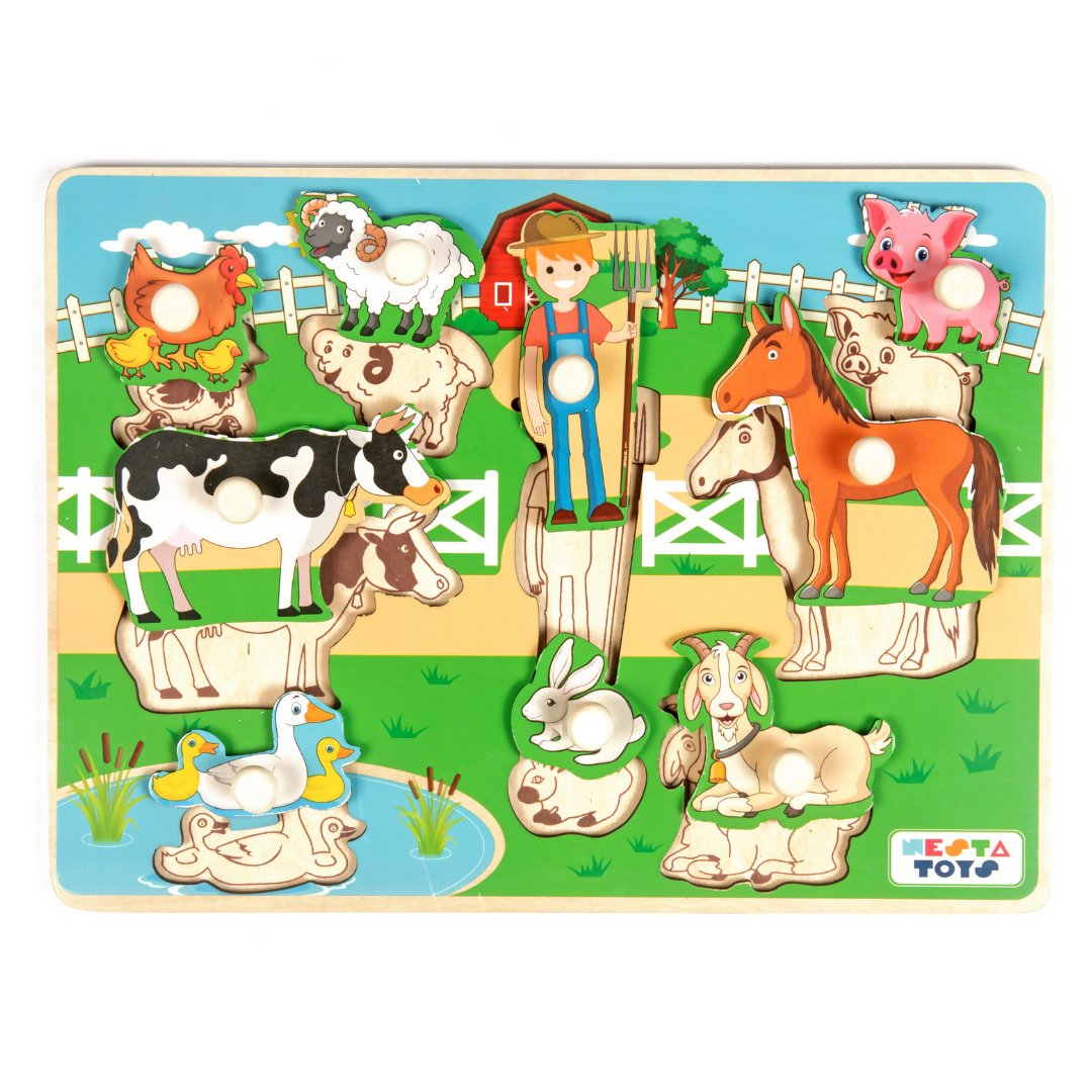 Nesta Toys Wooden Farm Animal Knob Puzzle (8 Pcs) | Grocsy