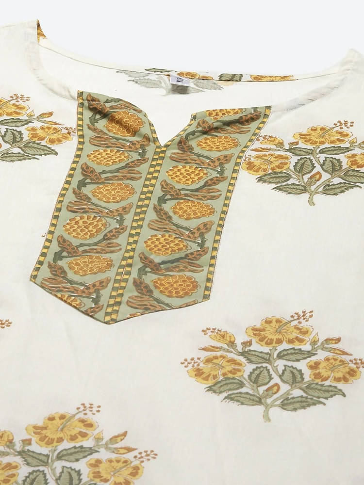 Yufta White yellow Floral Print kurta with Trouser & Dupatta set | Grocsy