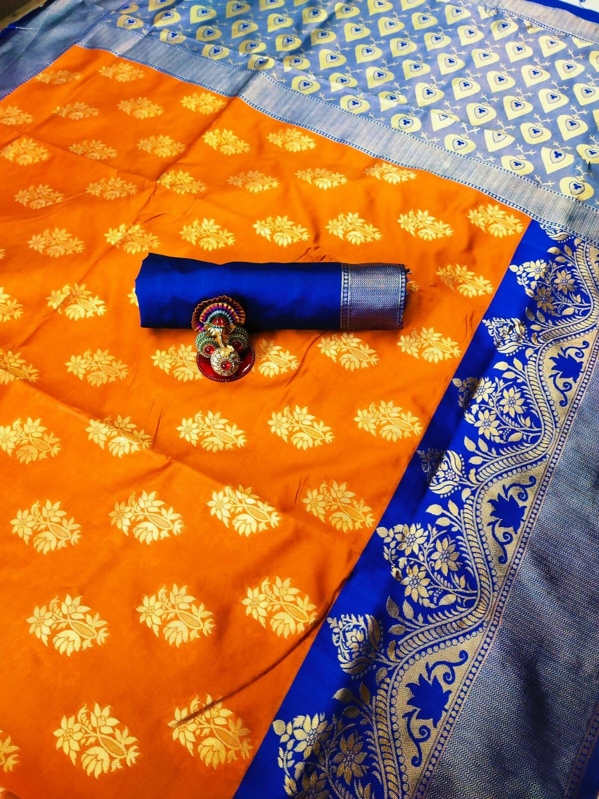 DEIANA'S Beautiful Designer Golden zari Soft Lichi Silk Saree - Orange | Grocsy