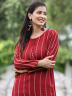 Juniper Maroon Ethnic Motif Printed Acrylic Straight Kurta. | Grocsy