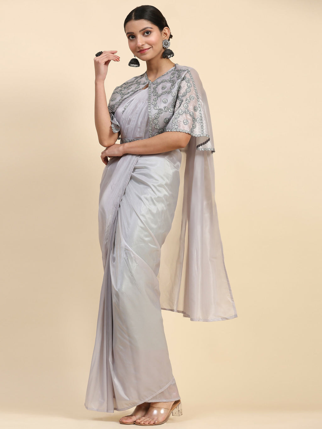 Grey Satin Solid Ready to wear Saree with stitched Blouse - Vanita | Grocsy