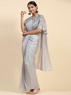 Grey Satin Solid Ready to wear Saree with stitched Blouse - Vanita | Grocsy