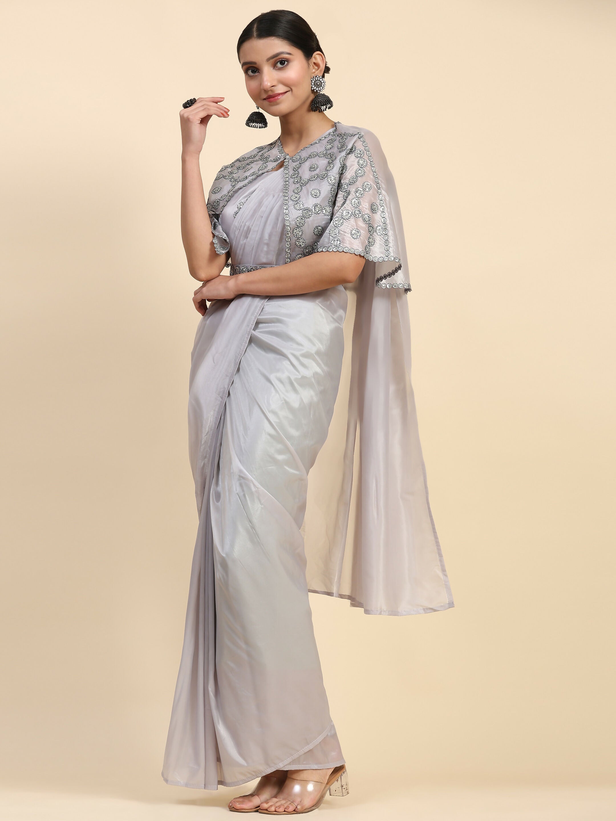 Grey Satin Solid Ready to wear Saree with stitched Blouse - Vanita | Grocsy