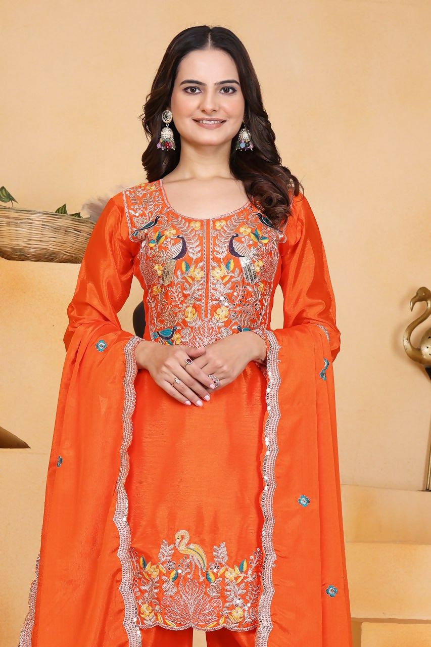 Teeya Creation Orange Color Chinon Silk Party Wear Punjabi Dhoti Suit | Grocsy