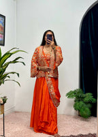 Teeya Creation Orange Color Chinon Silk Embroidery Work Ready To Wear Party Wear Saree With Koti | Grocsy