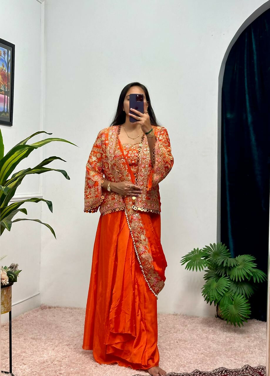 Teeya Creation Orange Color Chinon Silk Embroidery Work Ready To Wear Party Wear Saree With Koti | Grocsy