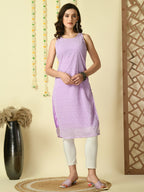 Myshka Women's Lavender Georgette Sleeveless Straight Party Kurta | Grocsy