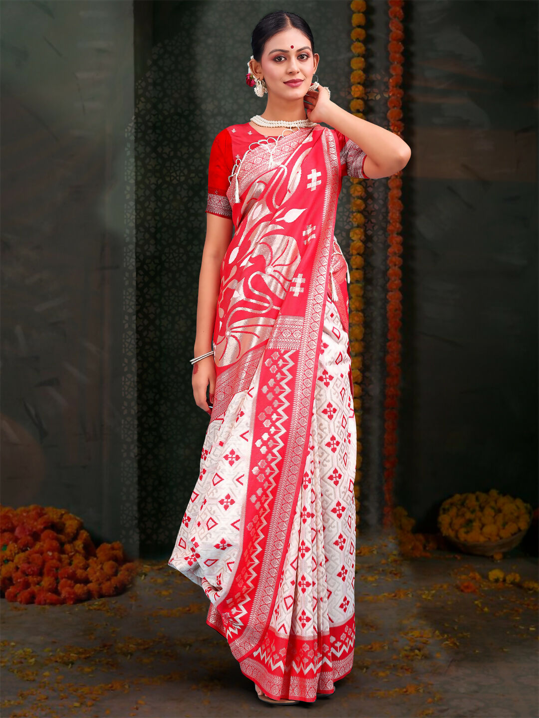 Shree Shyam Fashion Devistuti Red White Linen Cotton Saree | Grocsy