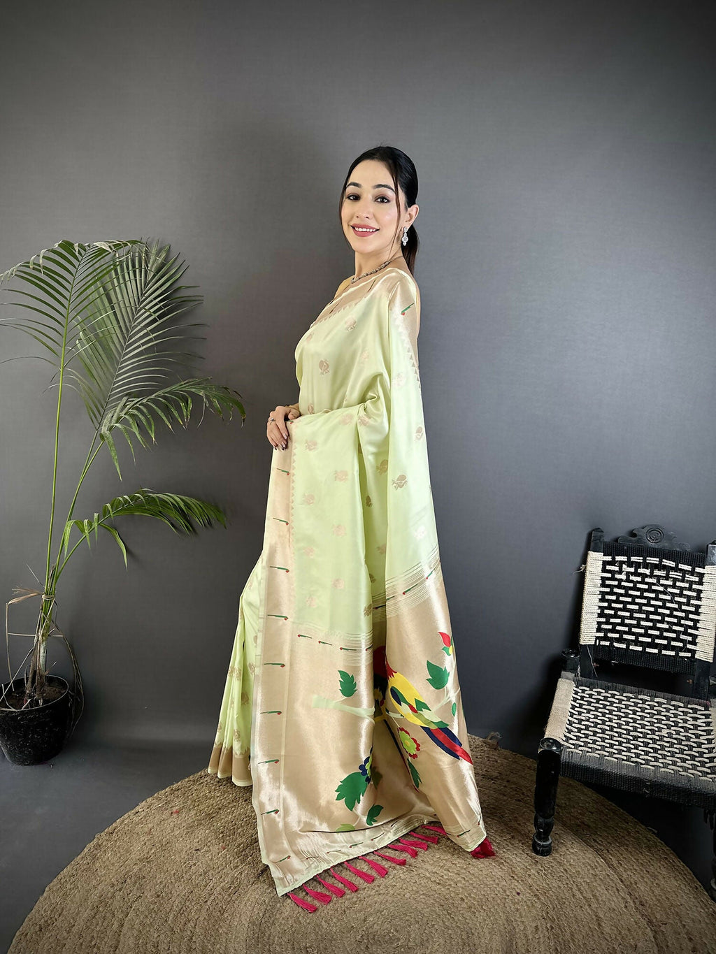 Joban Fashion Pista Green Peacock & Floral Motifs Soft Silk Kanchipuram Saree | Grocsy