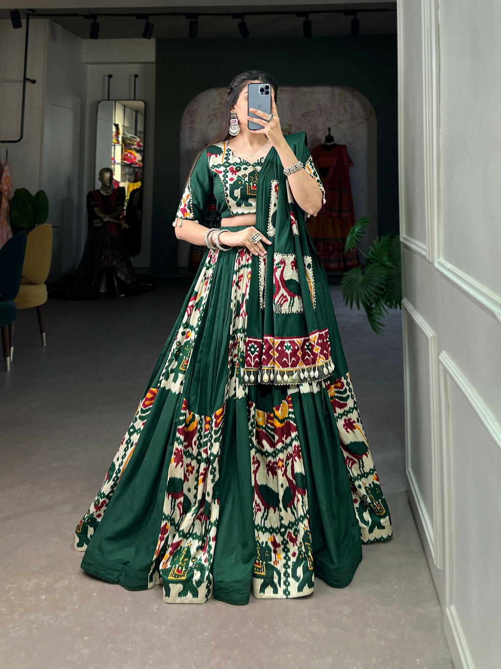 Vastranavya Navaratri Special Rayon with Printed Silk Lehenga with Stitched Choli - Green | Grocsy