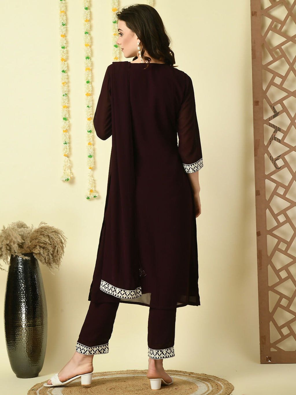 Myshka Women's Coffee Brown Georgette Kurta & Trousers With Dupatta Party Sets | Grocsy