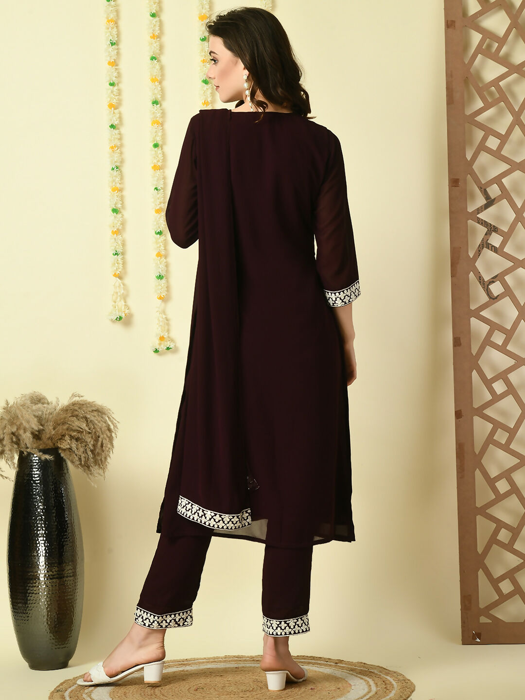 Myshka Women's Coffee Brown Georgette Kurta & Trousers With Dupatta Party Sets | Grocsy