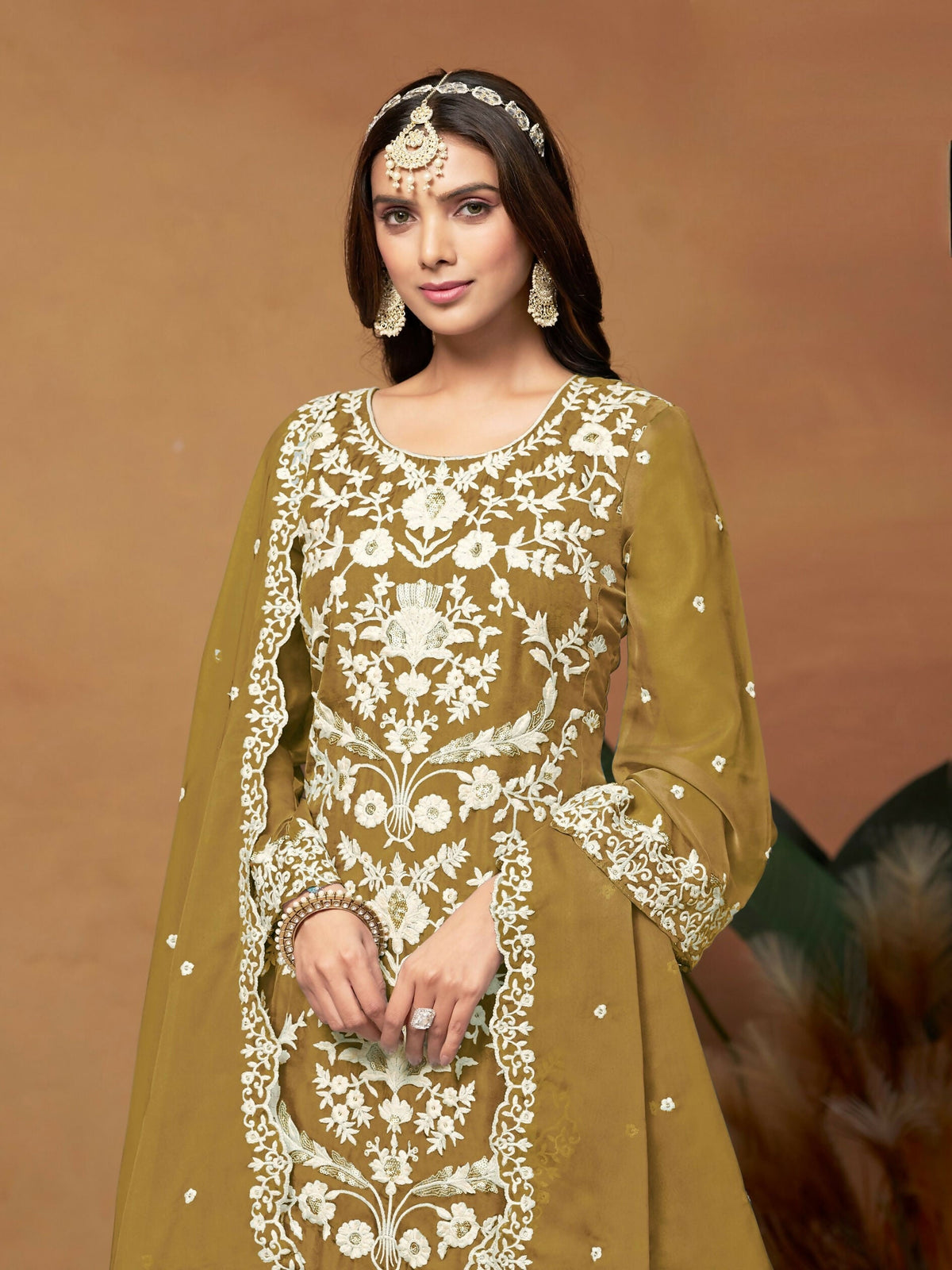 Anaita Mehendi Embroidered Soft Organza Salwar Suit | Grocsy