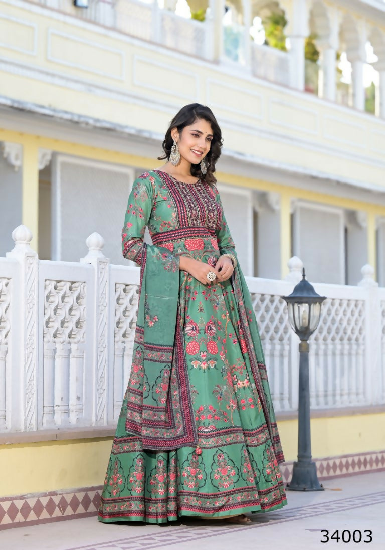 Partywear Designer parrot Dola Silk Anarkali suit with Dupatta - Suzen | Grocsy