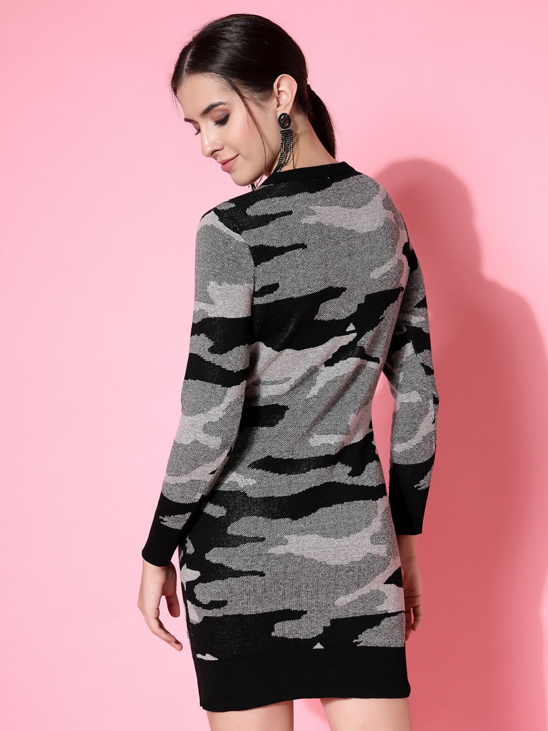 Women Black Acrylic Camouflage Knit Winter Dress - Wool Trees | Grocsy