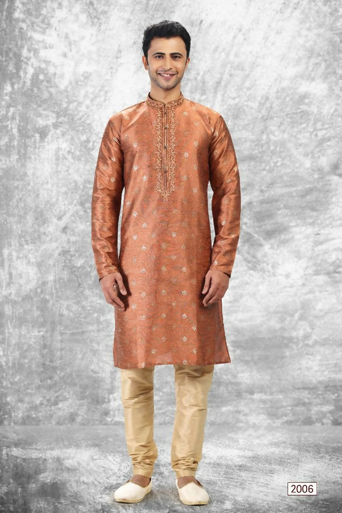 Raivat Ethnic Jacquard Silk Brocade Thread Work Kurta Pajama In Rust Brown Colour | Grocsy