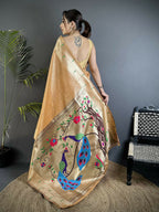 Joban Fashion Gold Yellow Peacock & Floral Motifs Tissue Paithani Saree | Grocsy