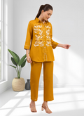 Joban Fashion Mustard Cotton, Linen Embroidered Readymade Cord Set | Grocsy