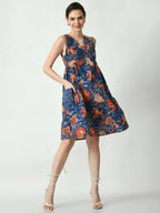 Myshka Women's Blue Floral Printed A-Line Dress | Grocsy