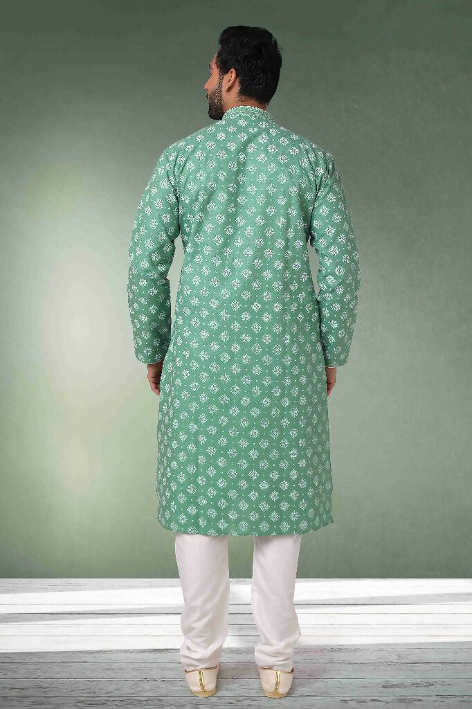 Raivat Ethnic Cotton Printed Work Kurta Pajama In Green Colour | Grocsy