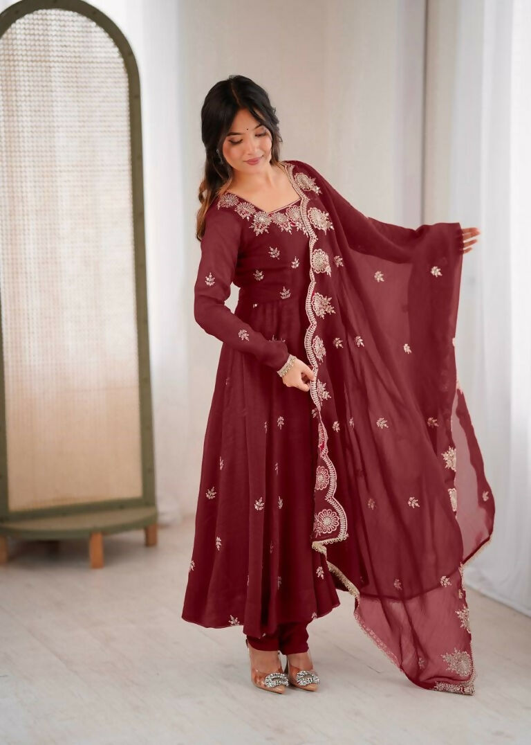 Teeya Creation Maroon Color Crunchy Silk Embroidery Work Wedding Wear Gown | Grocsy