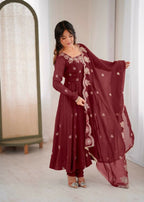 Teeya Creation Maroon Color Crunchy Silk Embroidery Work Wedding Wear Gown | Grocsy
