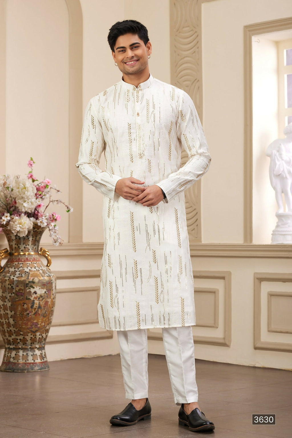 Raivat Ethnic Men's Art Silk Thread Work Kurta Pyjama In Cream Colour | Grocsy