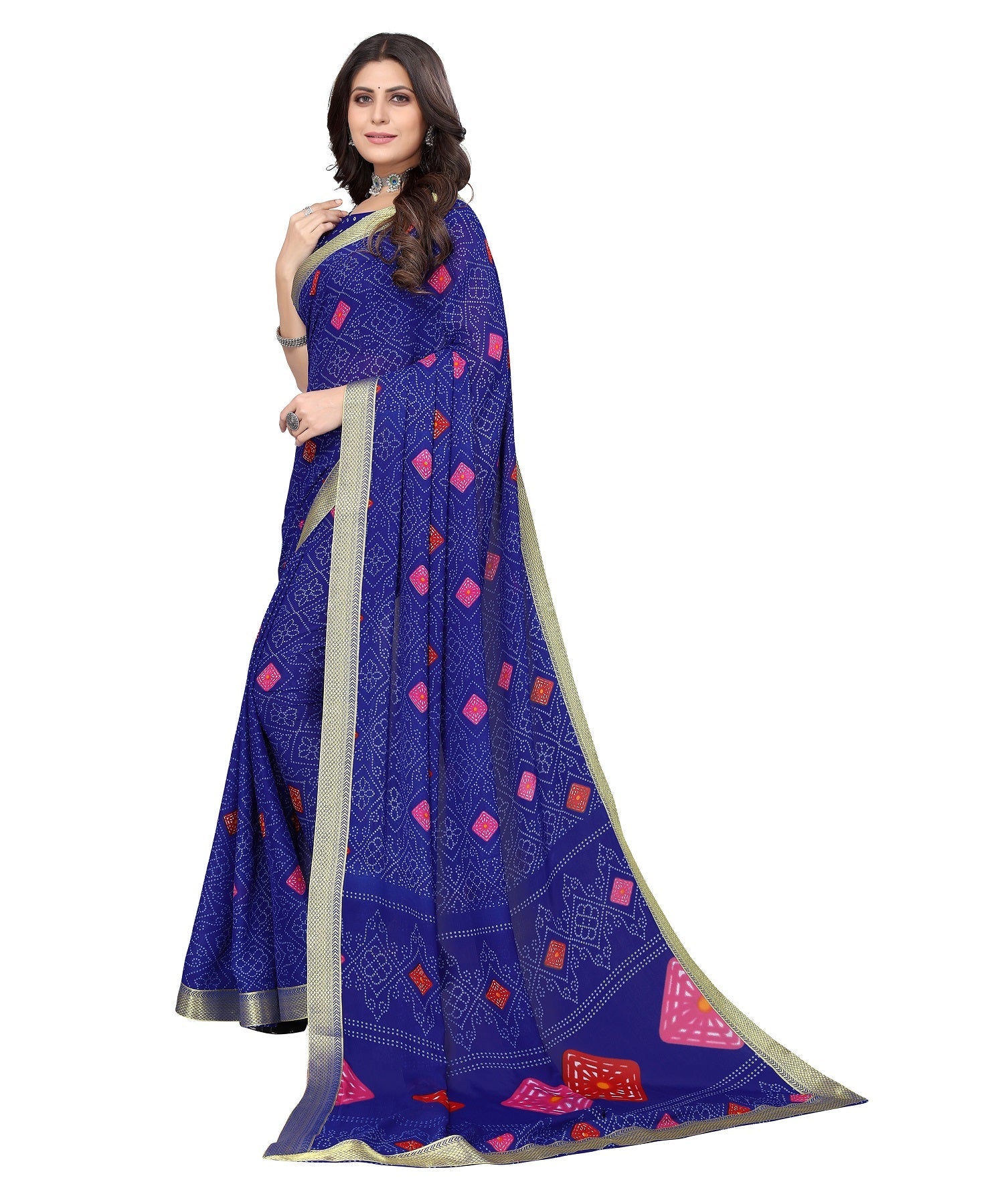 Vamika Blue Georgette Printed With Lace Saree | Grocsy
