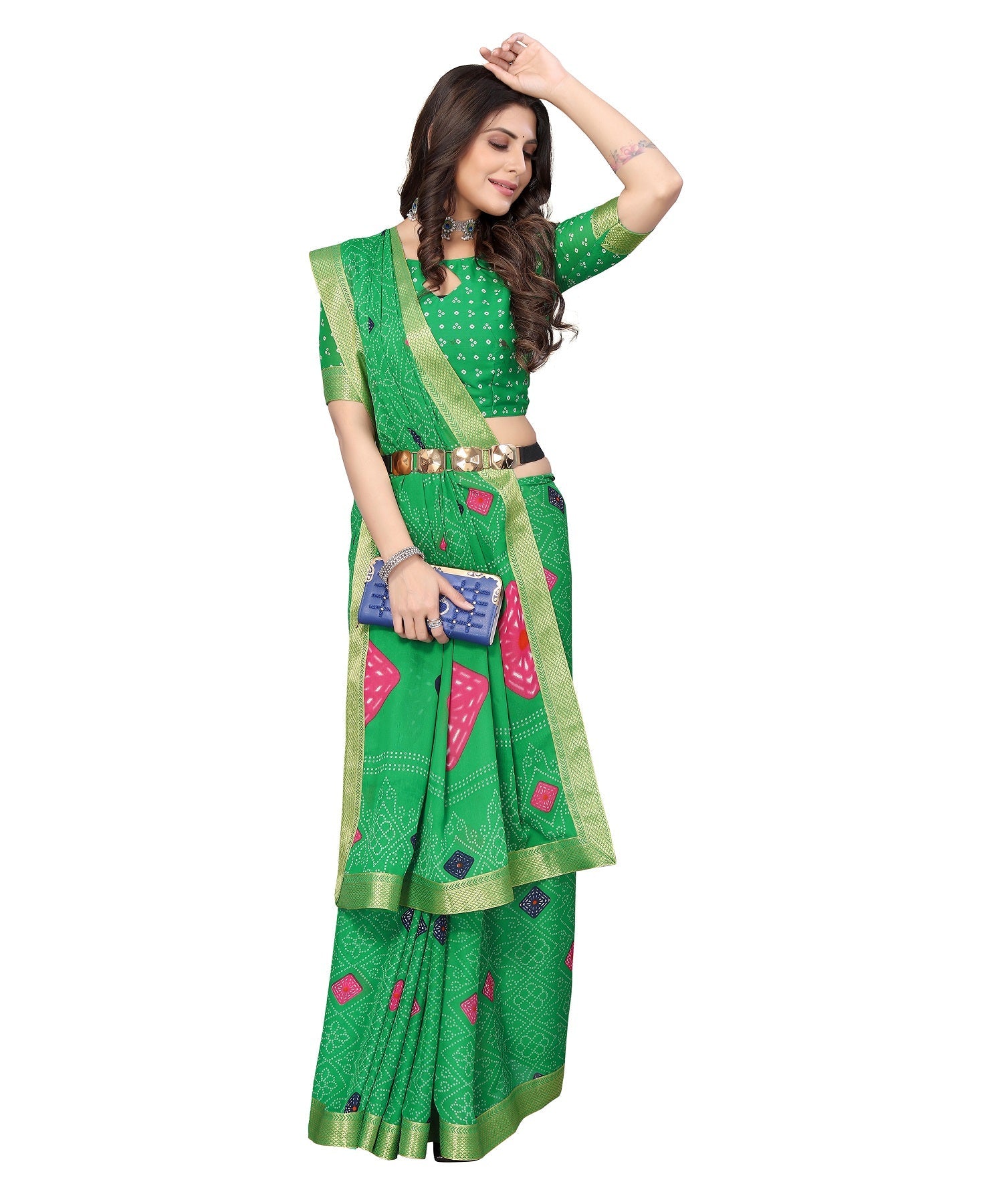 Vamika Green Georgette Printed With Lace Saree | Grocsy