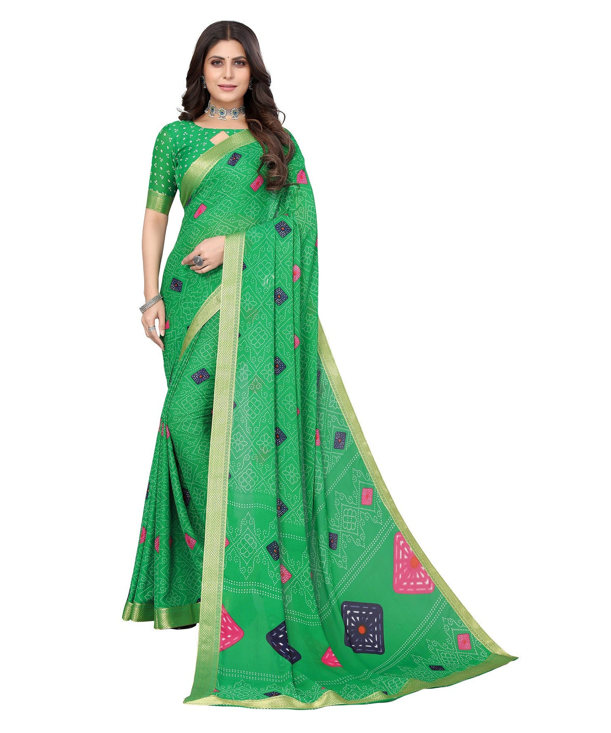 Vamika Green Georgette Printed With Lace Saree | Grocsy