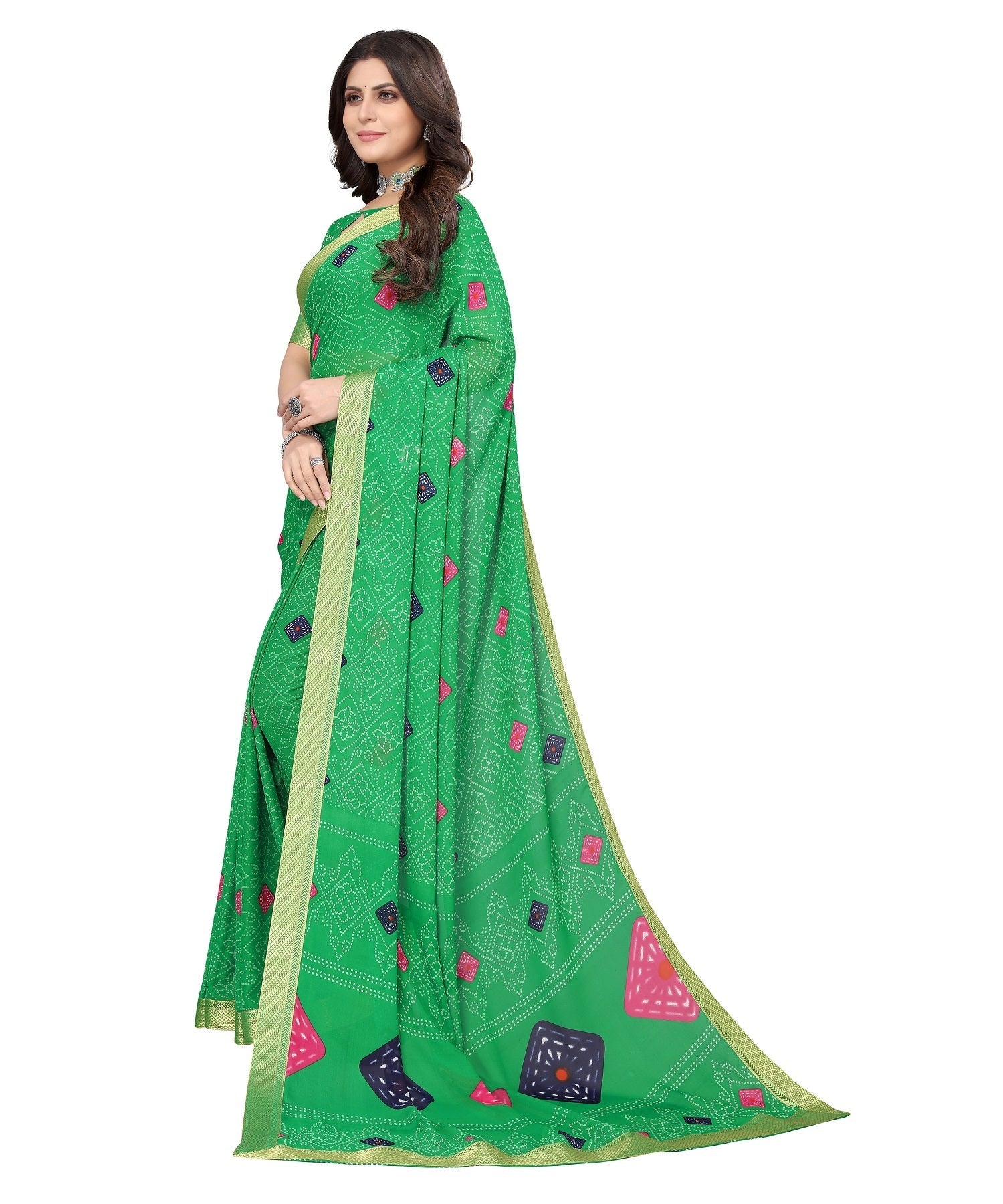 Vamika Green Georgette Printed With Lace Saree | Grocsy