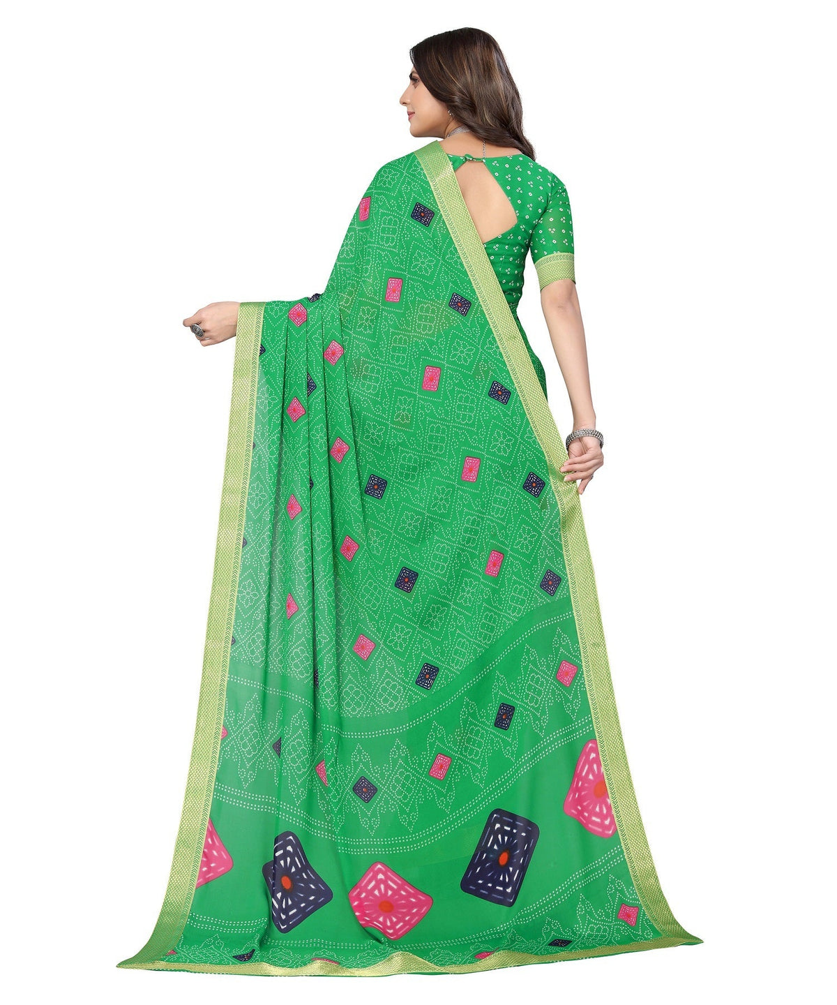 Vamika Green Georgette Printed With Lace Saree | Grocsy