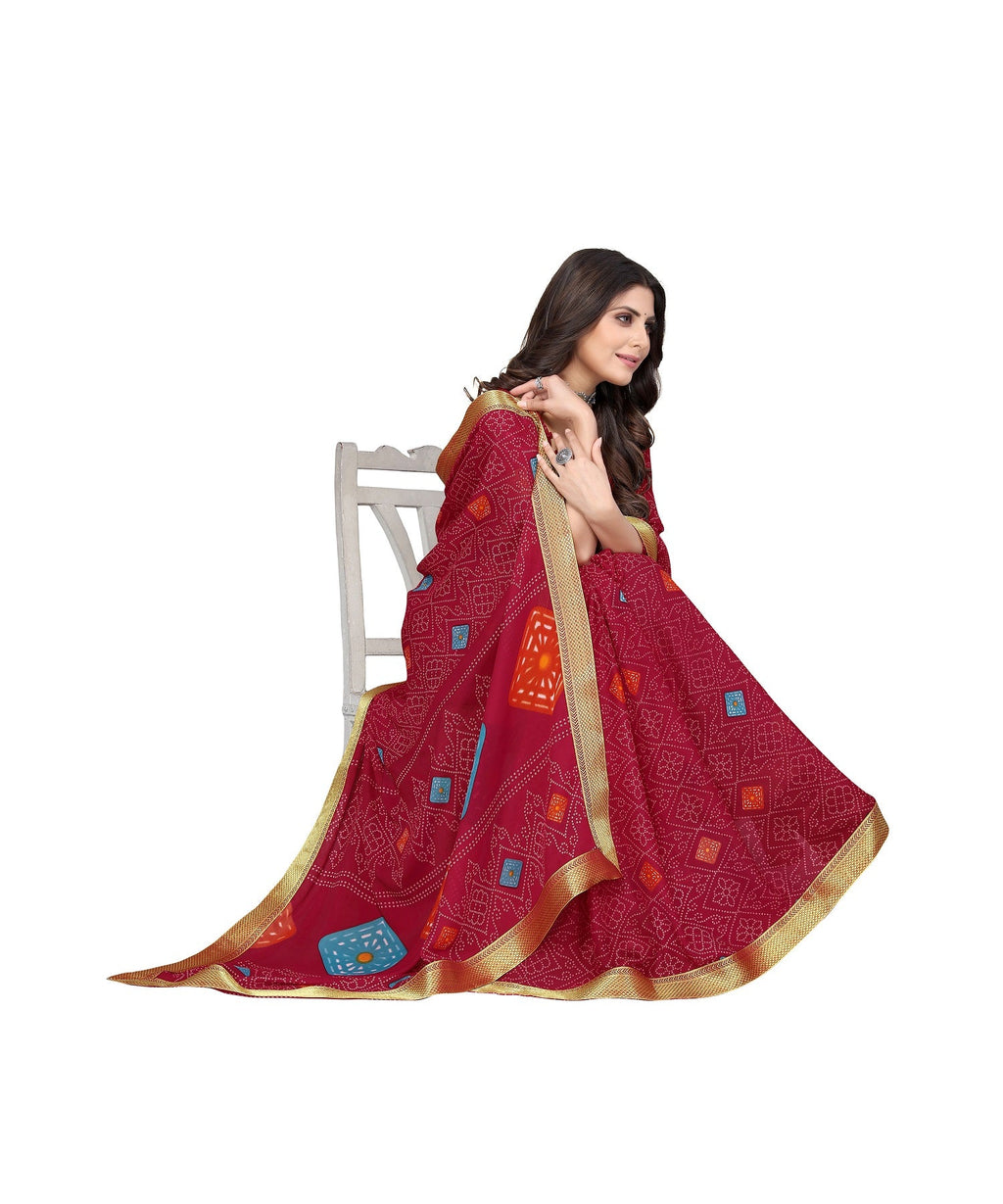 Vamika Maroon Georgette Printed With Lace Saree | Grocsy