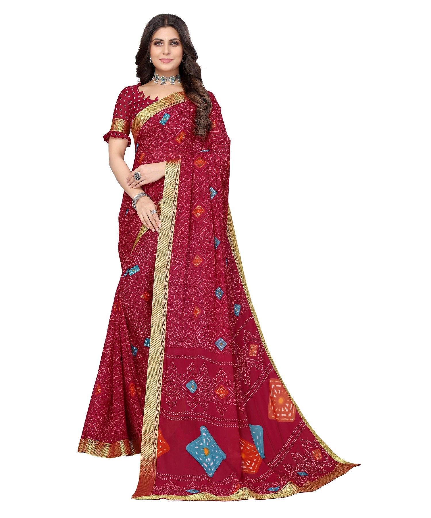Vamika Maroon Georgette Printed With Lace Saree | Grocsy