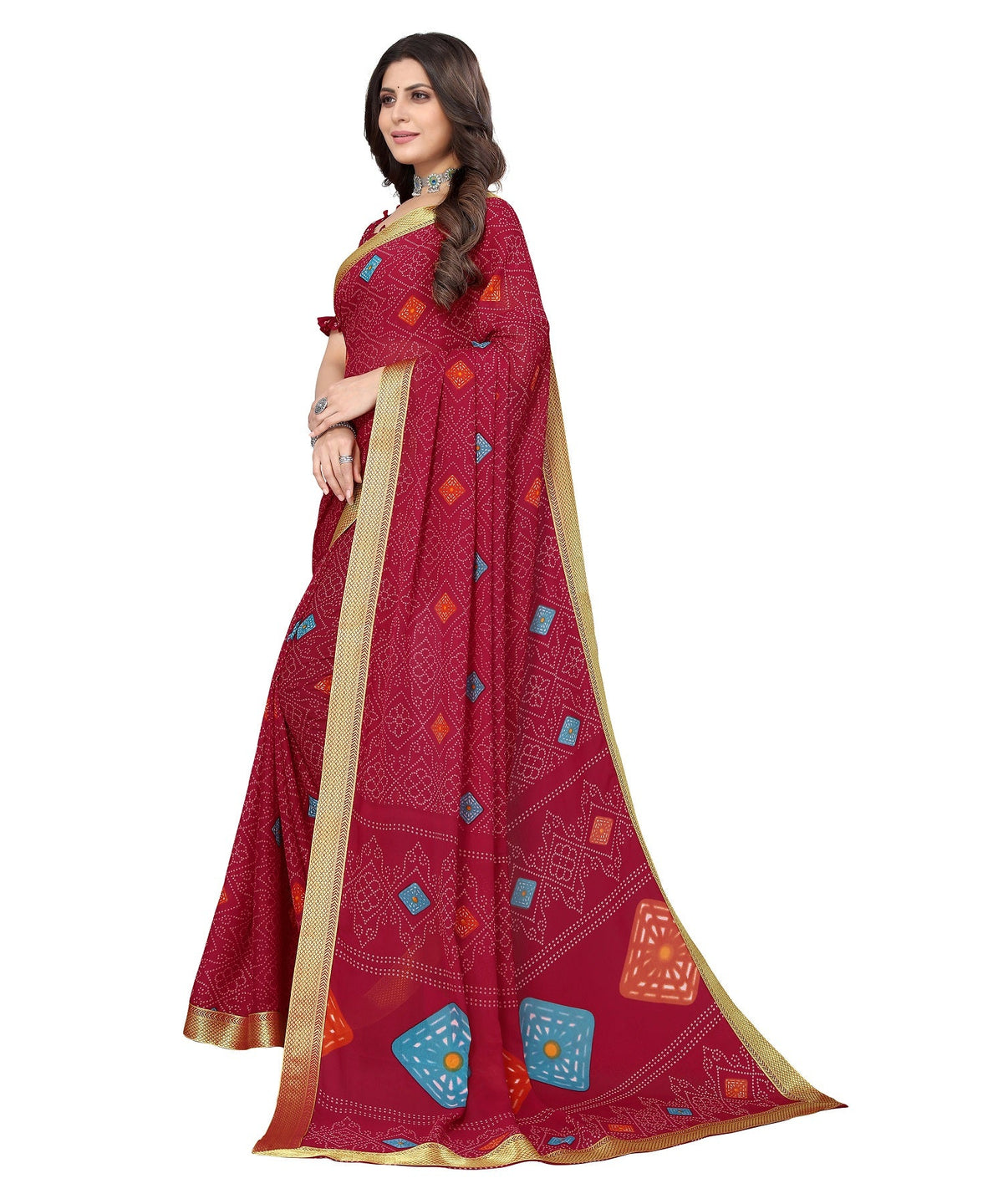 Vamika Maroon Georgette Printed With Lace Saree | Grocsy