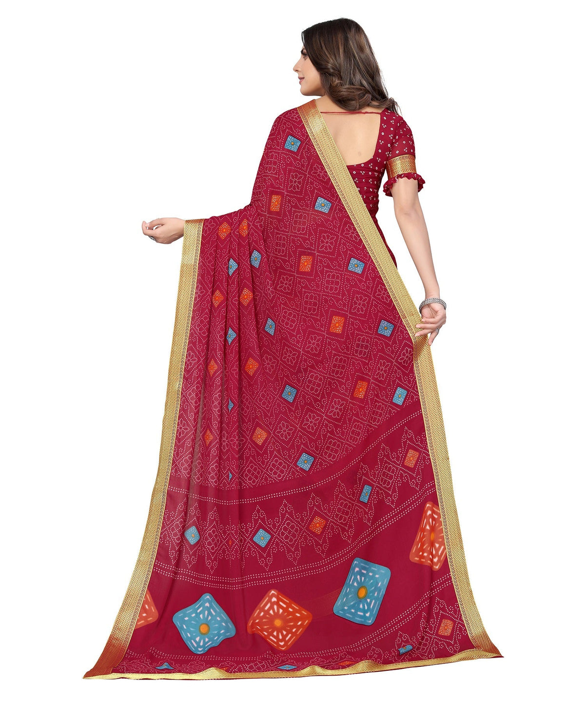 Vamika Maroon Georgette Printed With Lace Saree | Grocsy