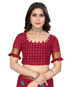 Vamika Maroon Georgette Printed With Lace Saree | Grocsy