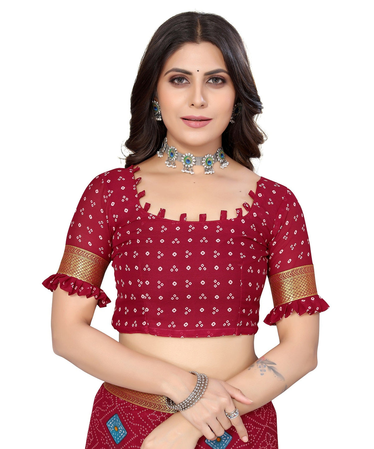 Vamika Maroon Georgette Printed With Lace Saree | Grocsy