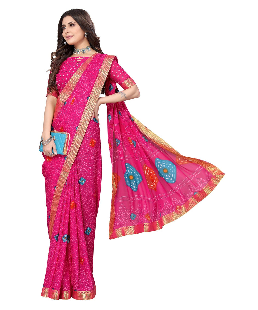 Vamika Pink Georgette Printed With Lace Saree | Grocsy