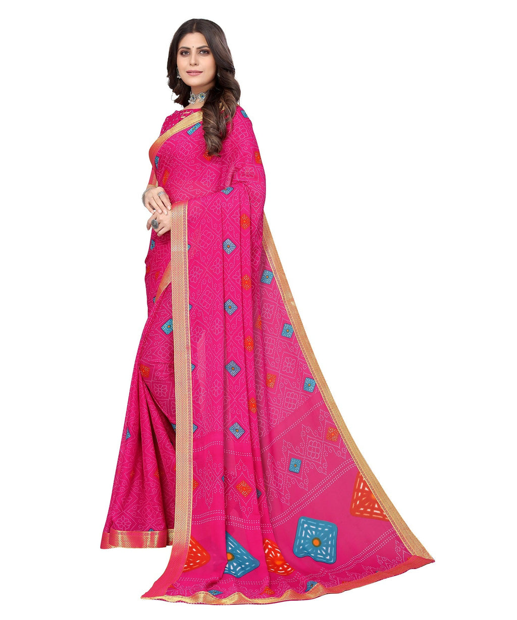 Vamika Pink Georgette Printed With Lace Saree | Grocsy
