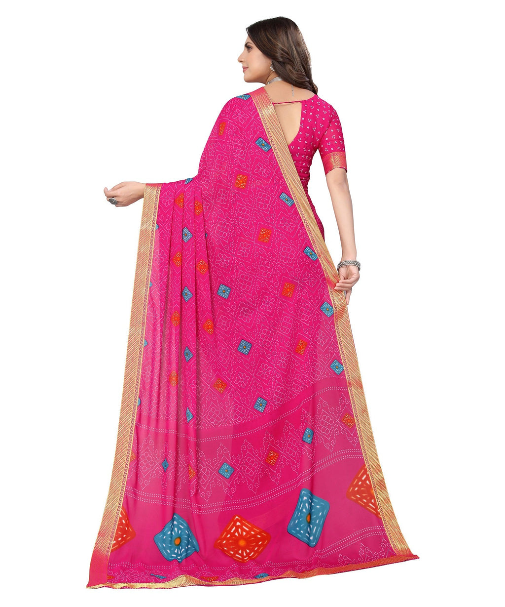 Vamika Pink Georgette Printed With Lace Saree | Grocsy