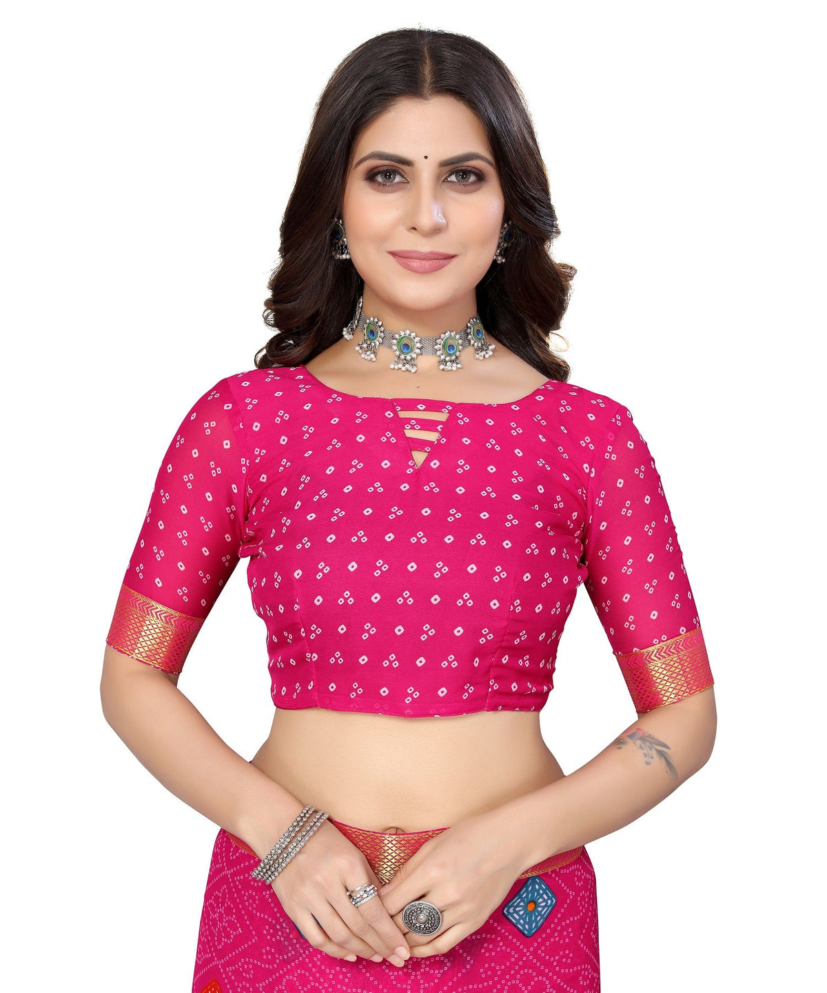 Vamika Pink Georgette Printed With Lace Saree | Grocsy