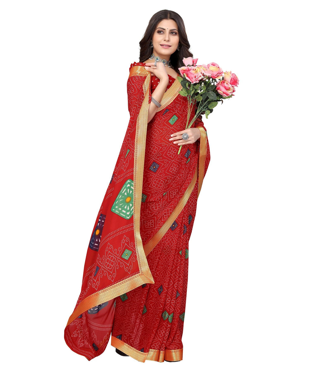 Vamika Red Georgette Printed With Lace Saree | Grocsy