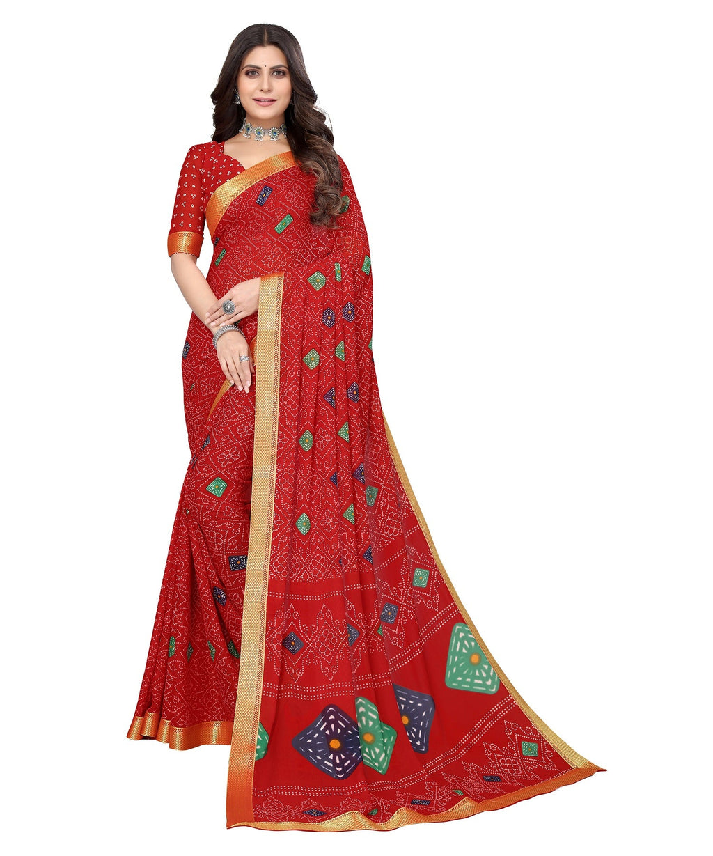 Vamika Red Georgette Printed With Lace Saree | Grocsy