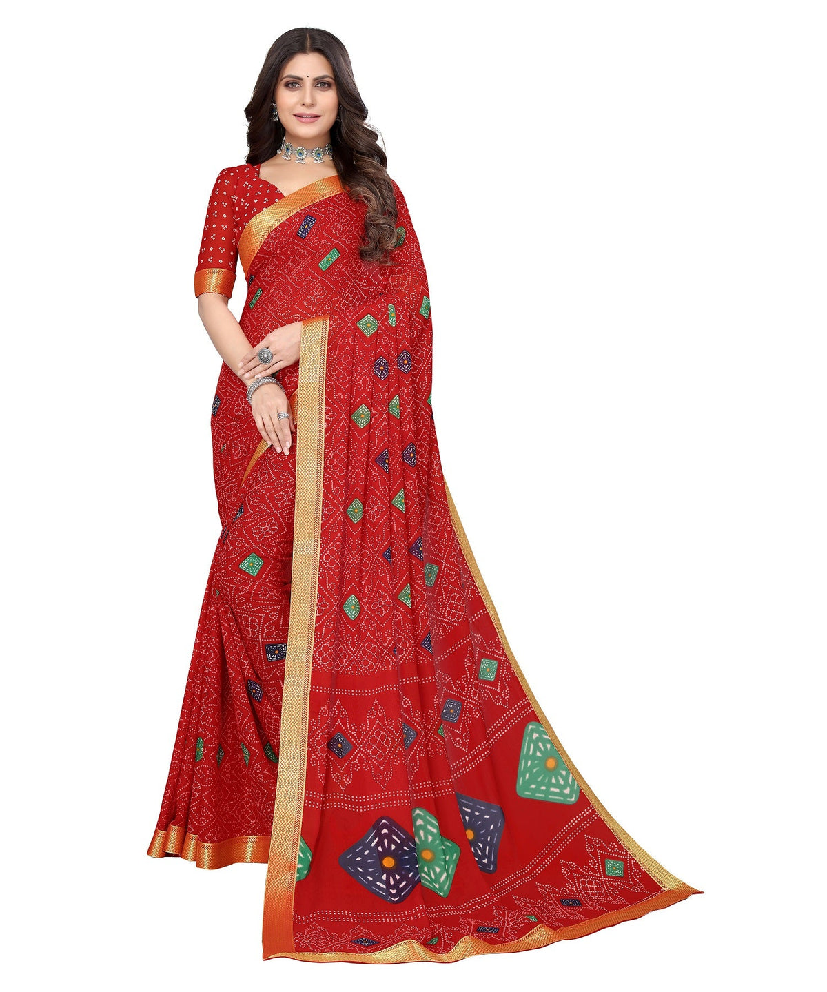 Vamika Red Georgette Printed With Lace Saree | Grocsy