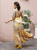 Mustard Crepe Foil Printed Long Dress - Michan | Grocsy